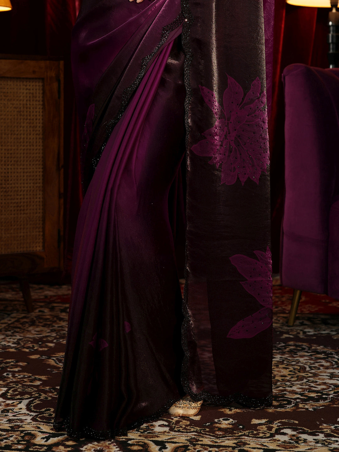  Purple Floral Embellished Silk Blend Saree 