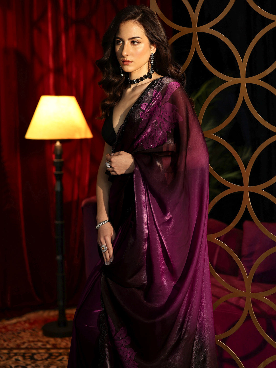  Purple Floral Embellished Silk Blend Saree 