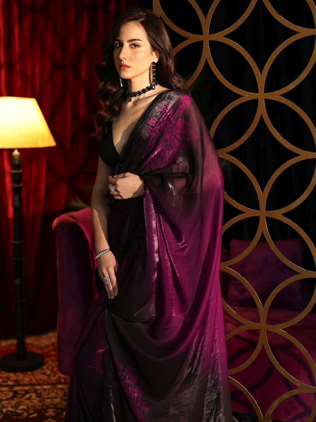  Purple Floral Embellished Silk Blend Saree 