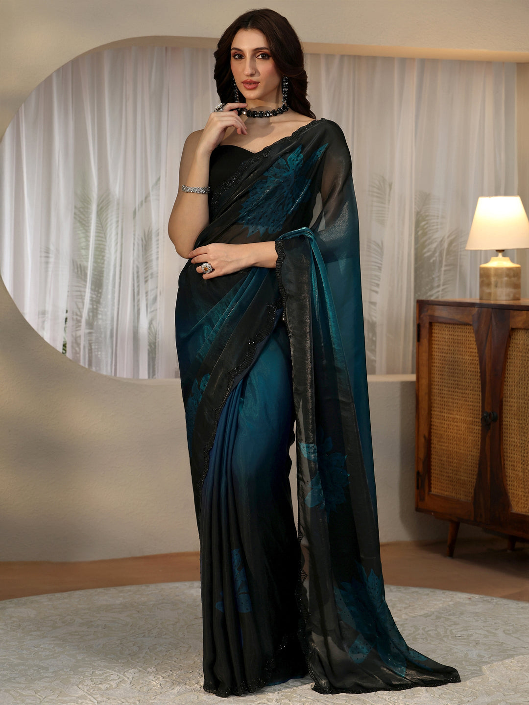  Peacock Blue Floral Embellished Silk Blend Saree 