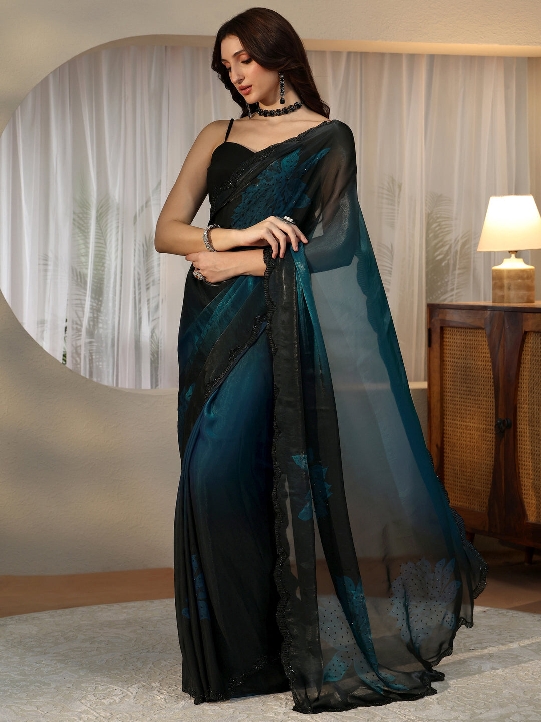  Peacock Blue Floral Embellished Silk Blend Saree 