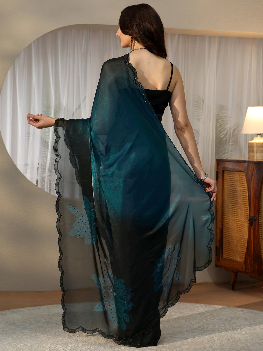  Peacock Blue Floral Embellished Silk Blend Saree 