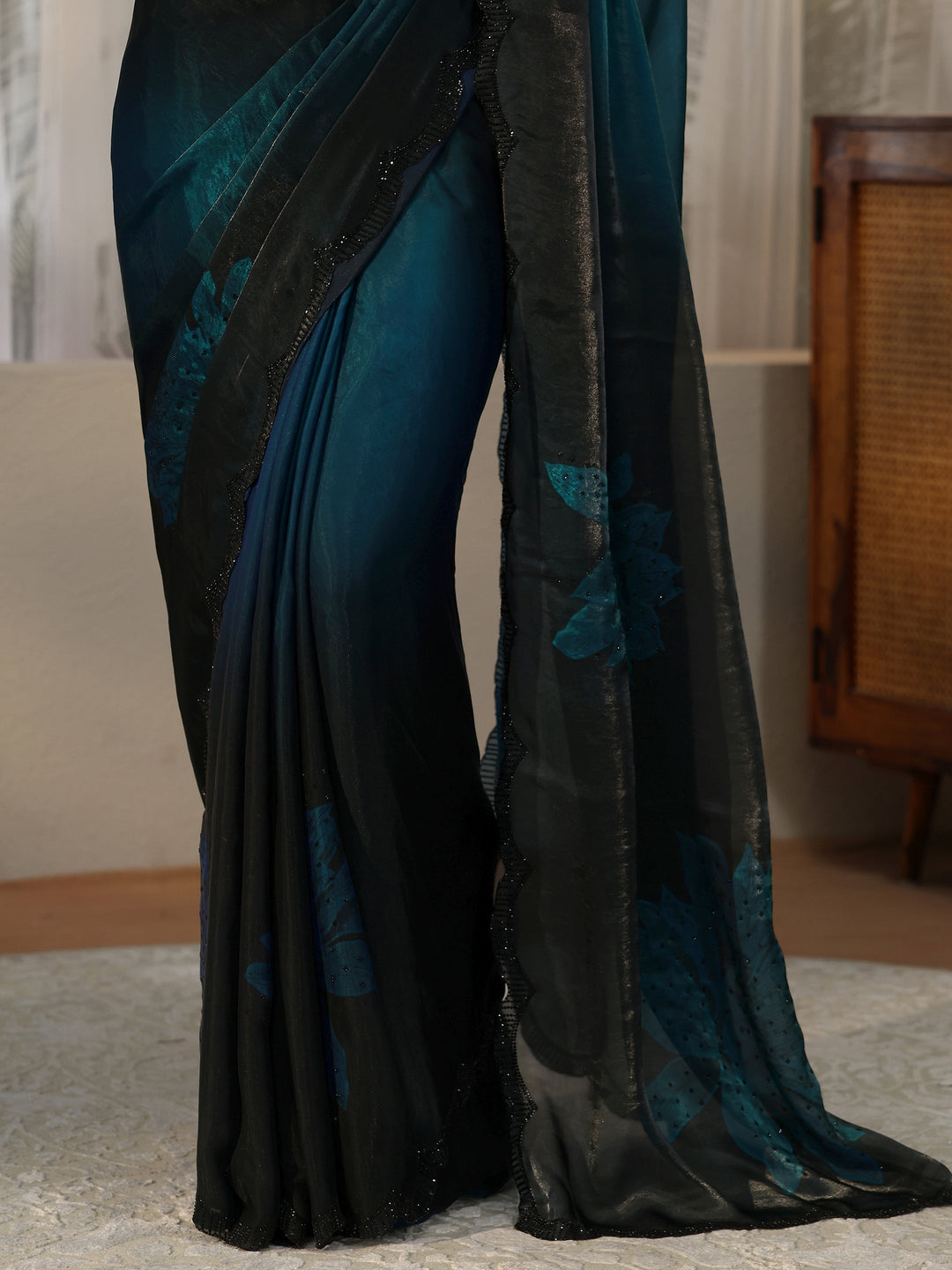  Peacock Blue Floral Embellished Silk Blend Saree 