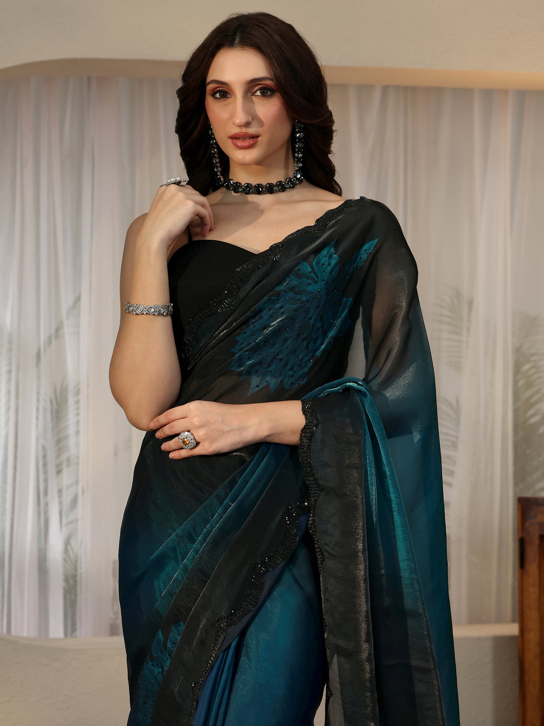  Peacock Blue Floral Embellished Silk Blend Saree 