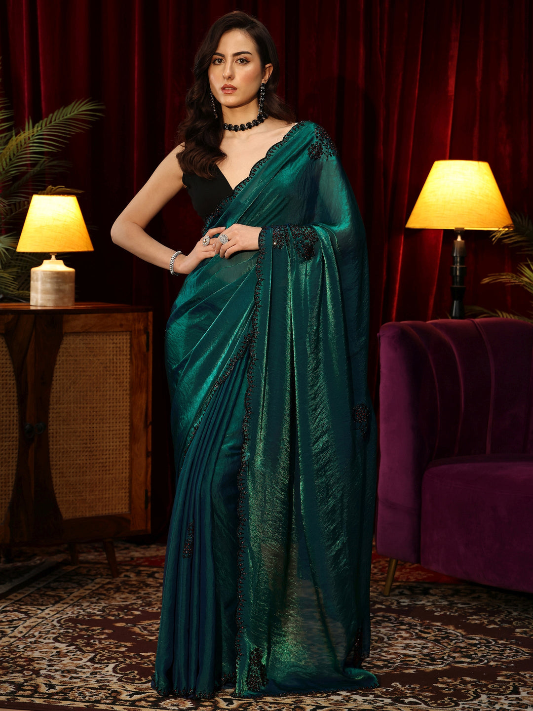  Green Floral Silk Blend Saree 