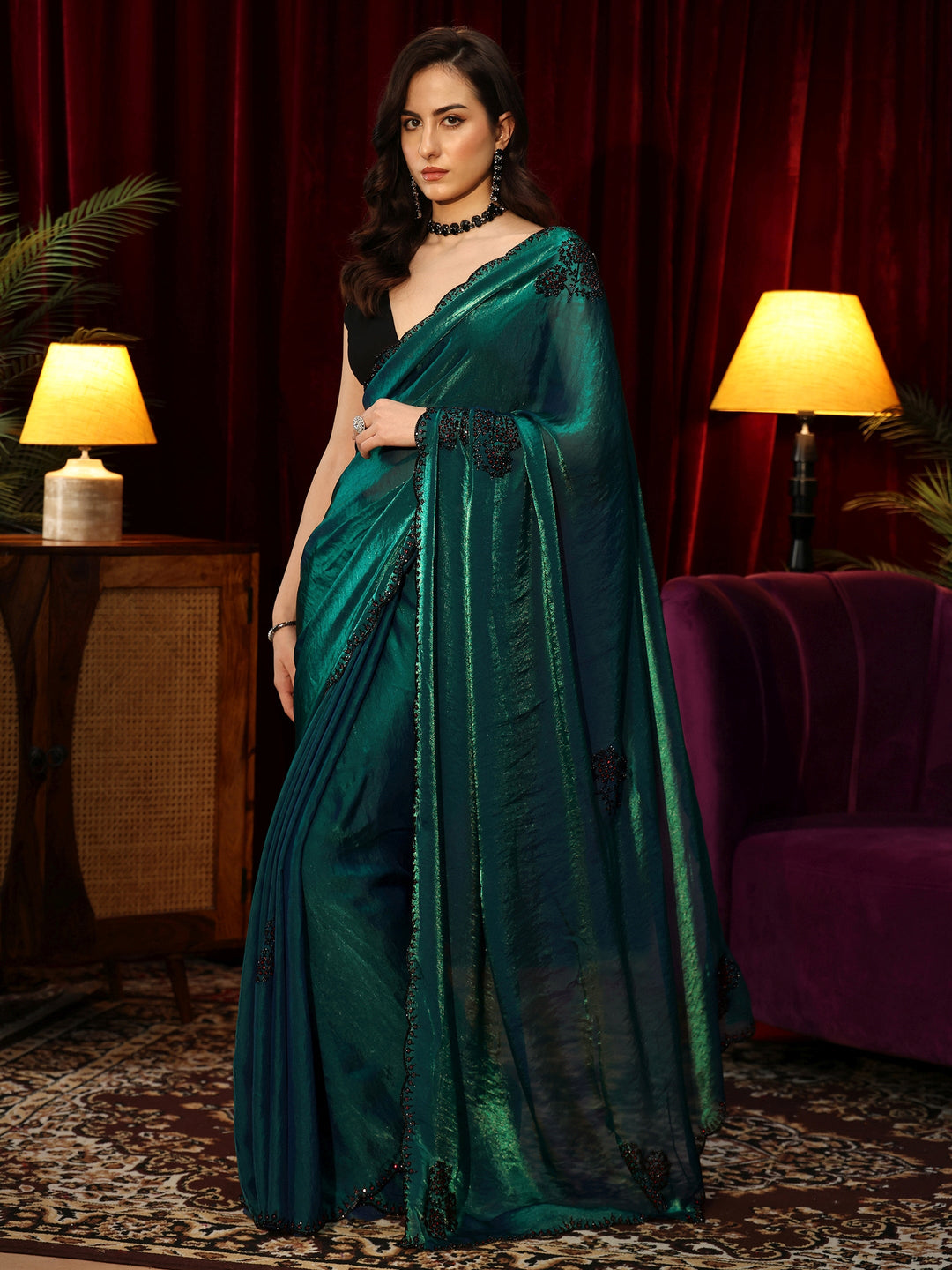  Green Floral Silk Blend Saree 