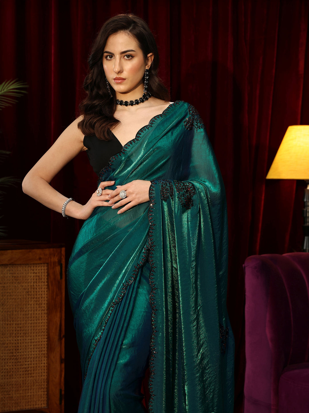 Green Floral Silk Blend Saree 