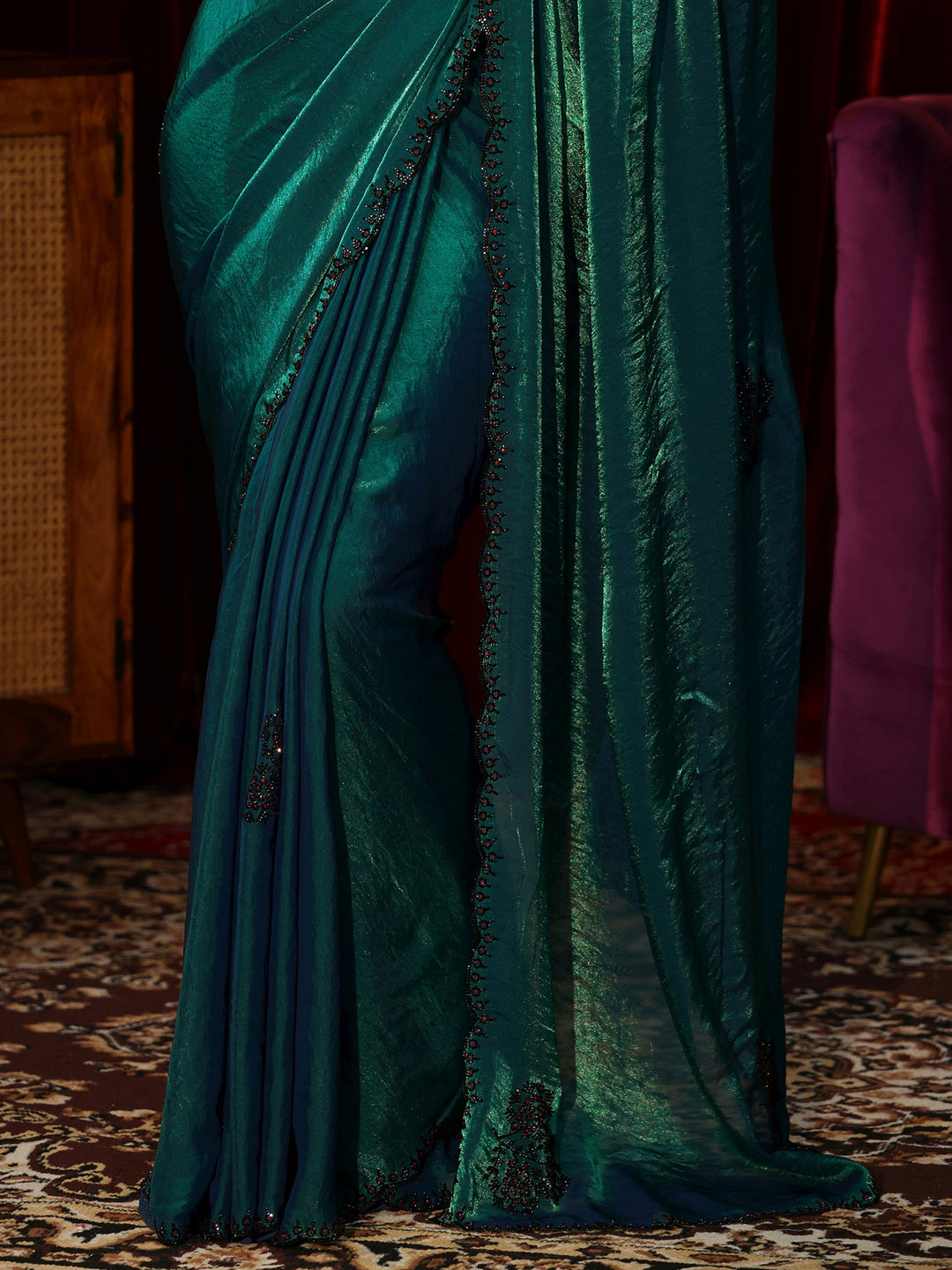  Green Floral Silk Blend Saree 