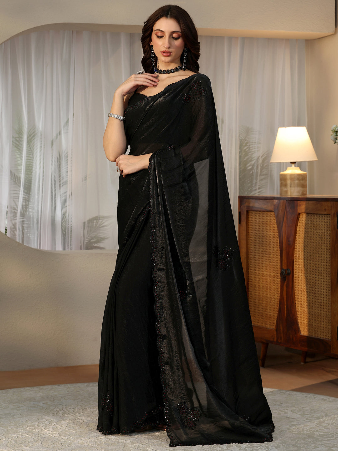  Black Embellished Silk Blend Saree 