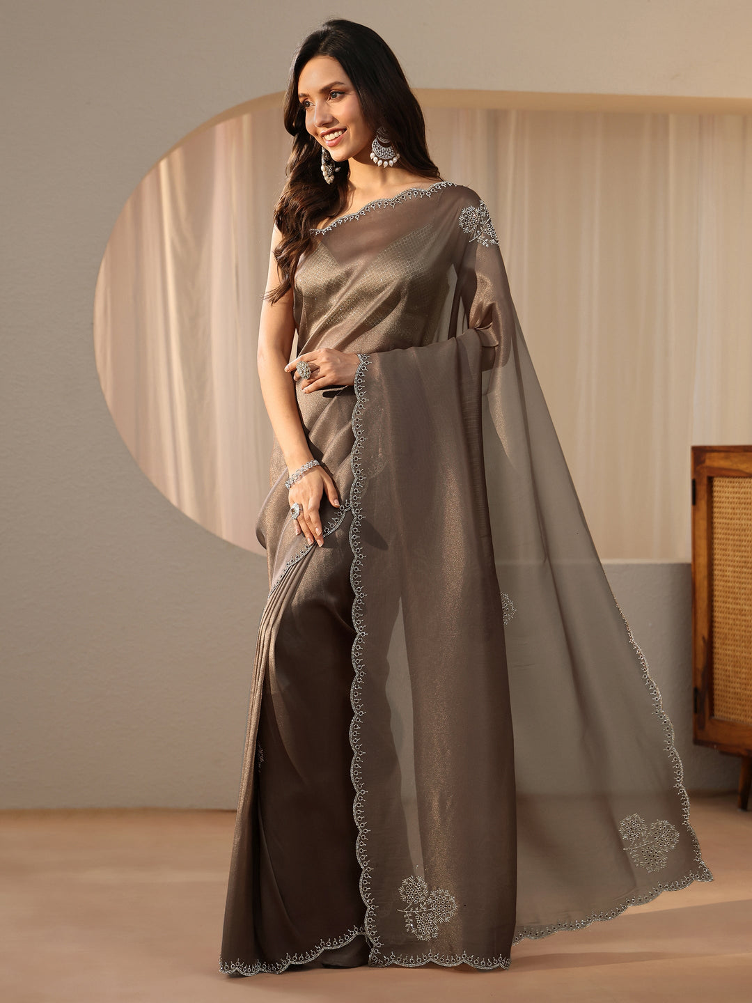  Taupe Floral Embellished Tissue Saree 