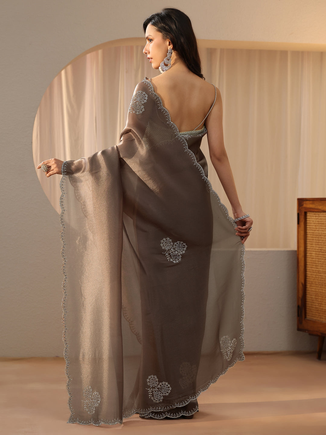 Taupe Floral Embellished Tissue Saree 