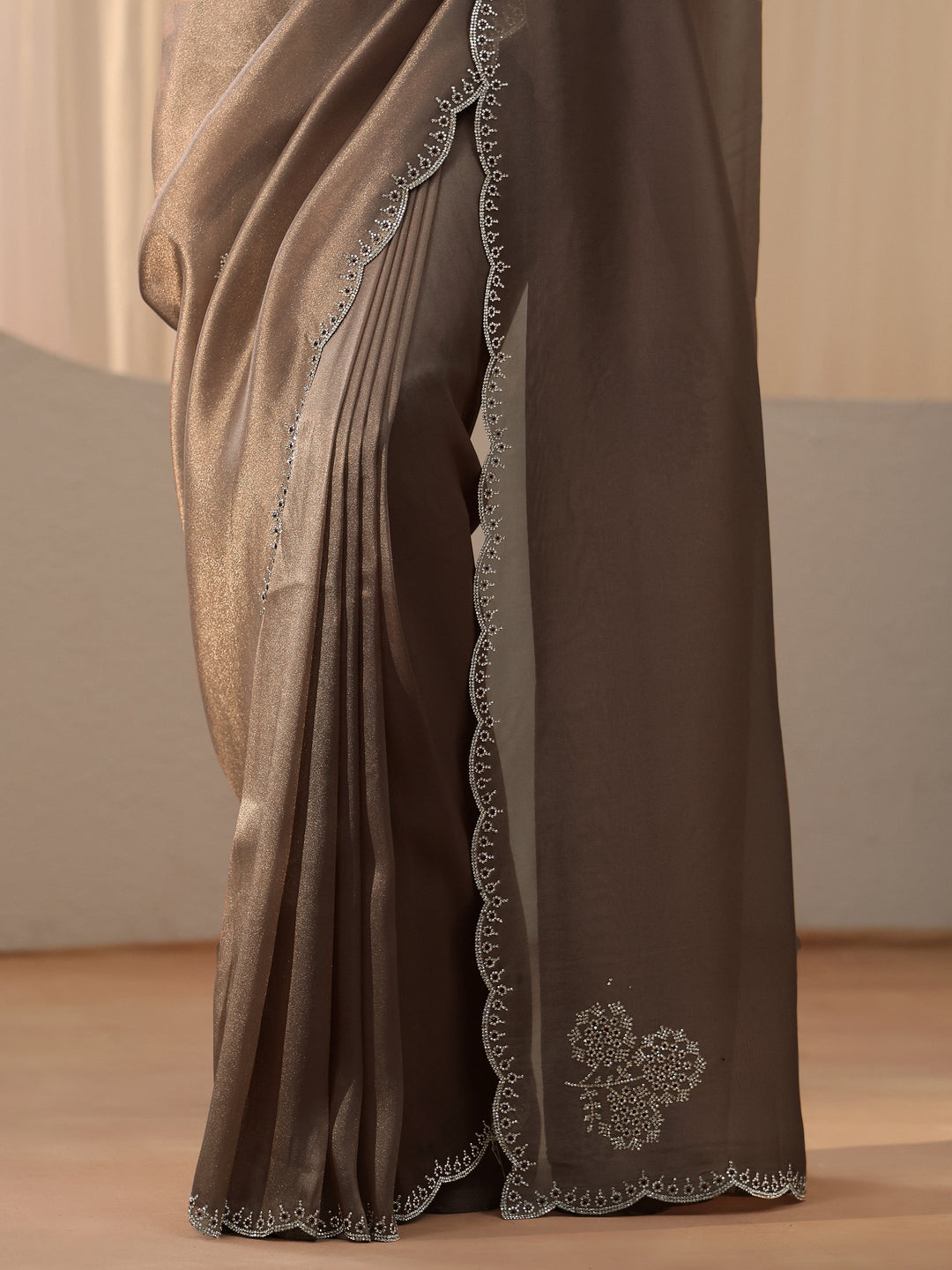  Taupe Floral Embellished Tissue Saree 