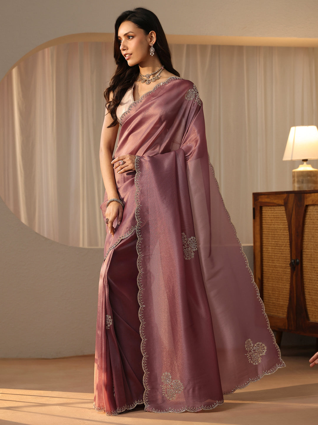  Lavender Tissue Saree with Floral Embellishments 