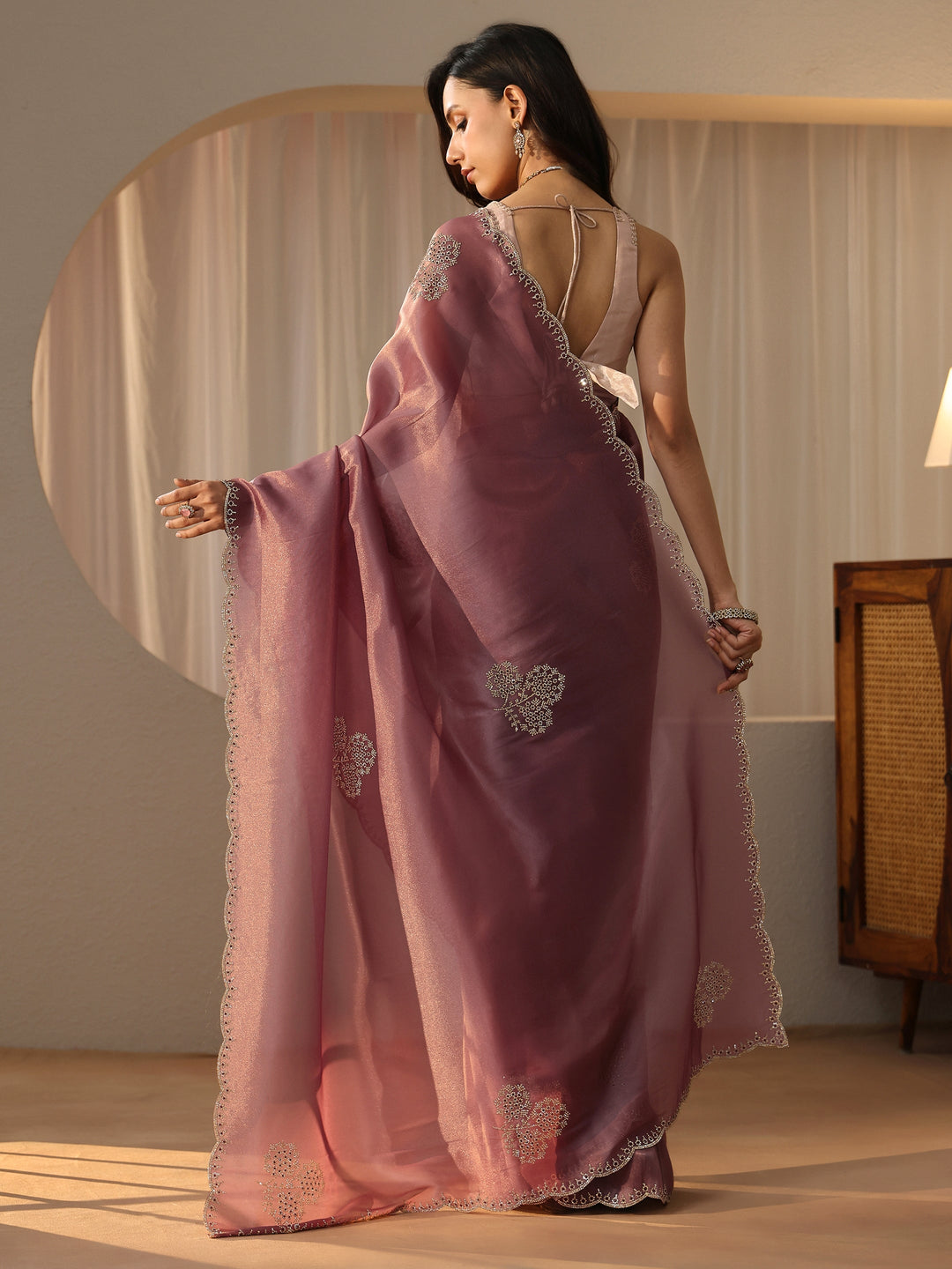  Lavender Tissue Saree with Floral Embellishments 