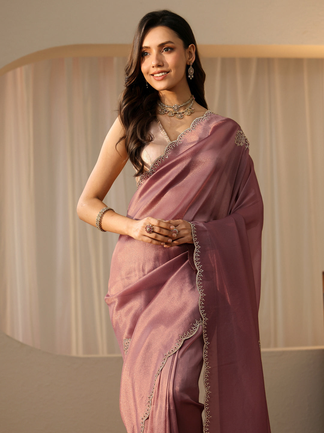  Lavender Tissue Saree with Floral Embellishments 