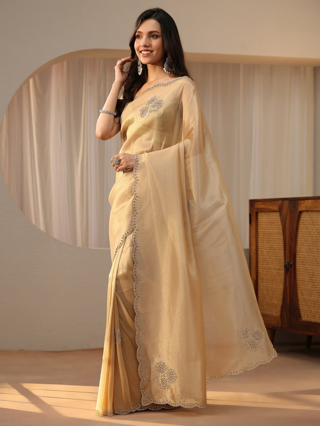  Gold Tissue Saree with Floral Embellishments 