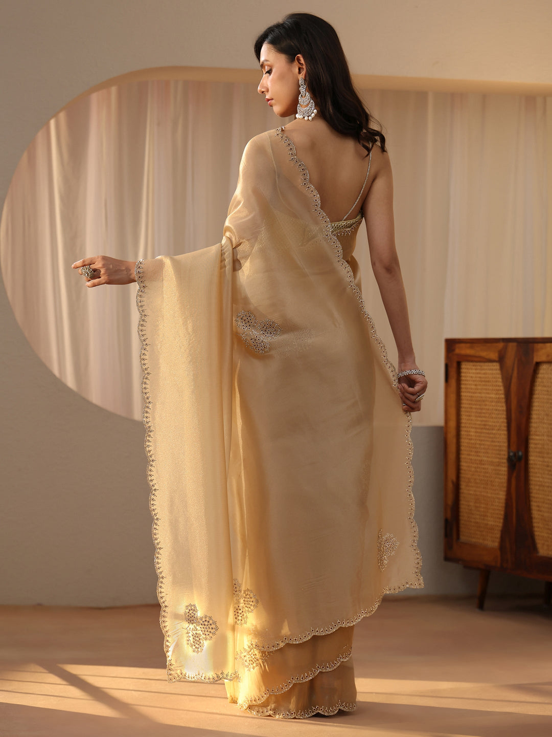  Gold Tissue Saree with Floral Embellishments 