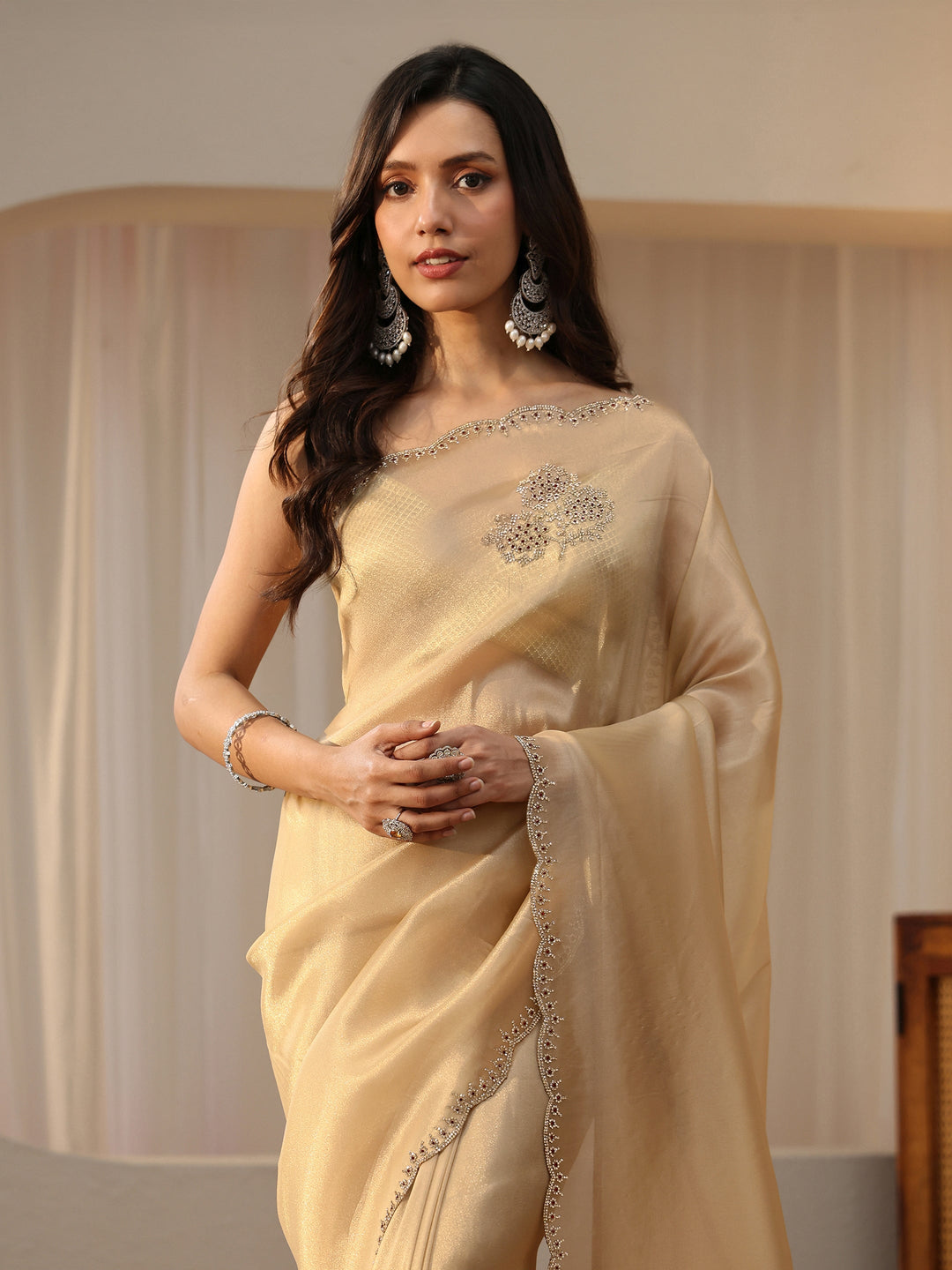  Gold Tissue Saree with Floral Embellishments 