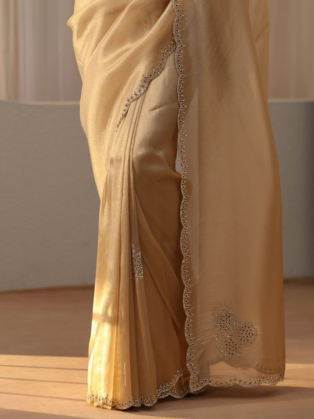  Gold Tissue Saree with Floral Embellishments 