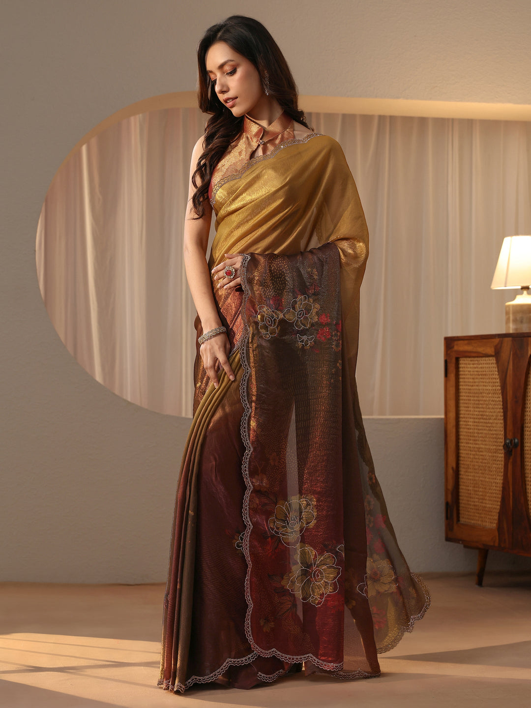  Ombre Golden and Copper Brown Silk Blend Saree 