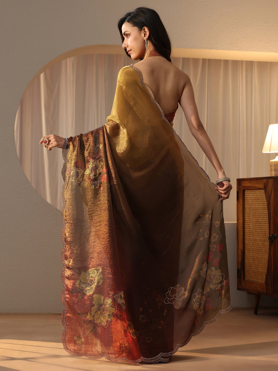  Ombre Golden and Copper Brown Silk Blend Saree 