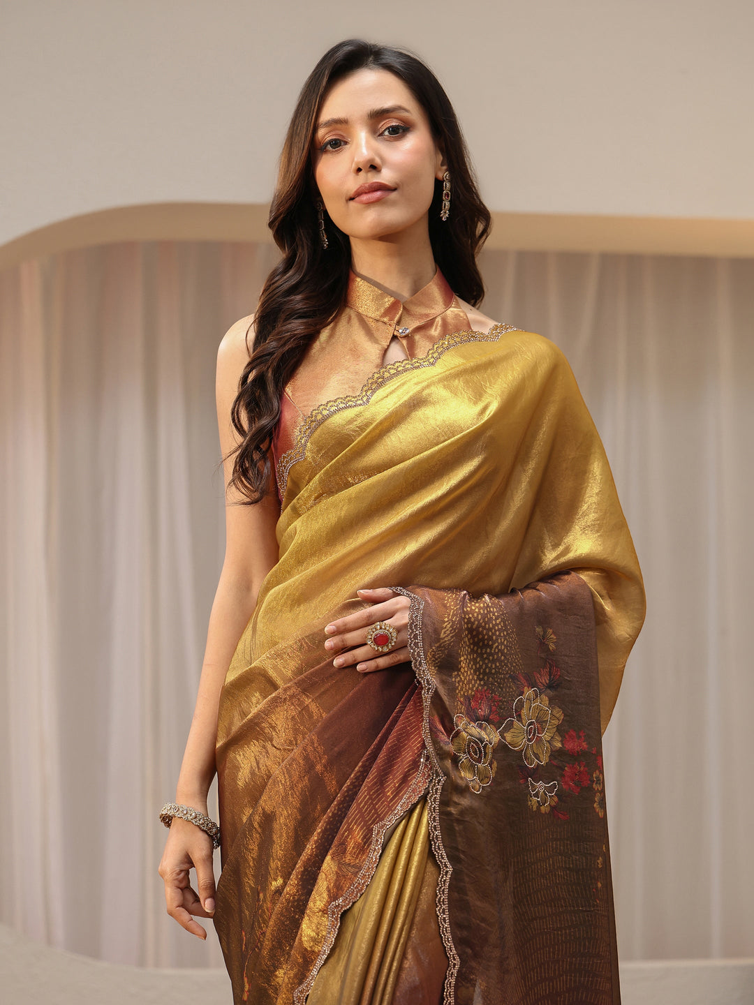  Ombre Golden and Copper Brown Silk Blend Saree 