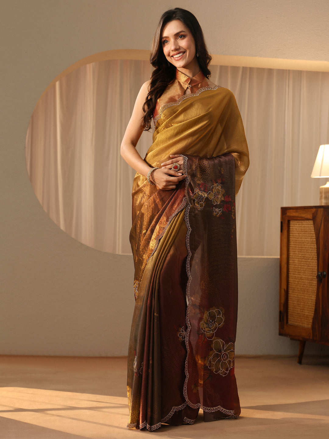  Ombre Golden and Copper Brown Silk Blend Saree 