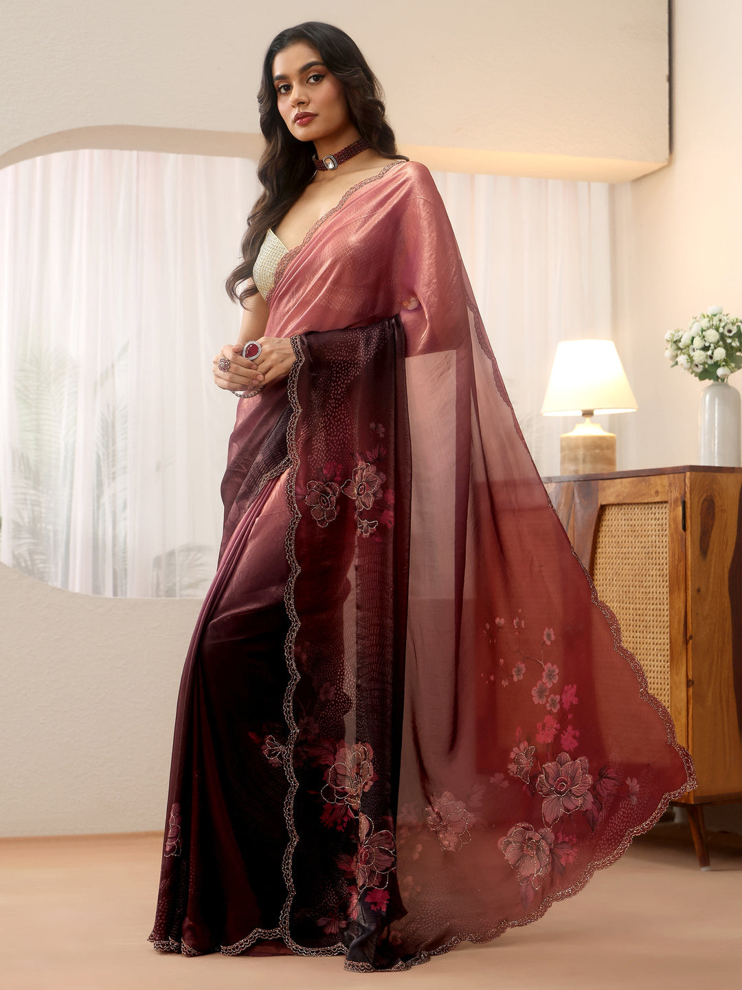  Ombre Purple and Wine Floral Silk Blend Saree 