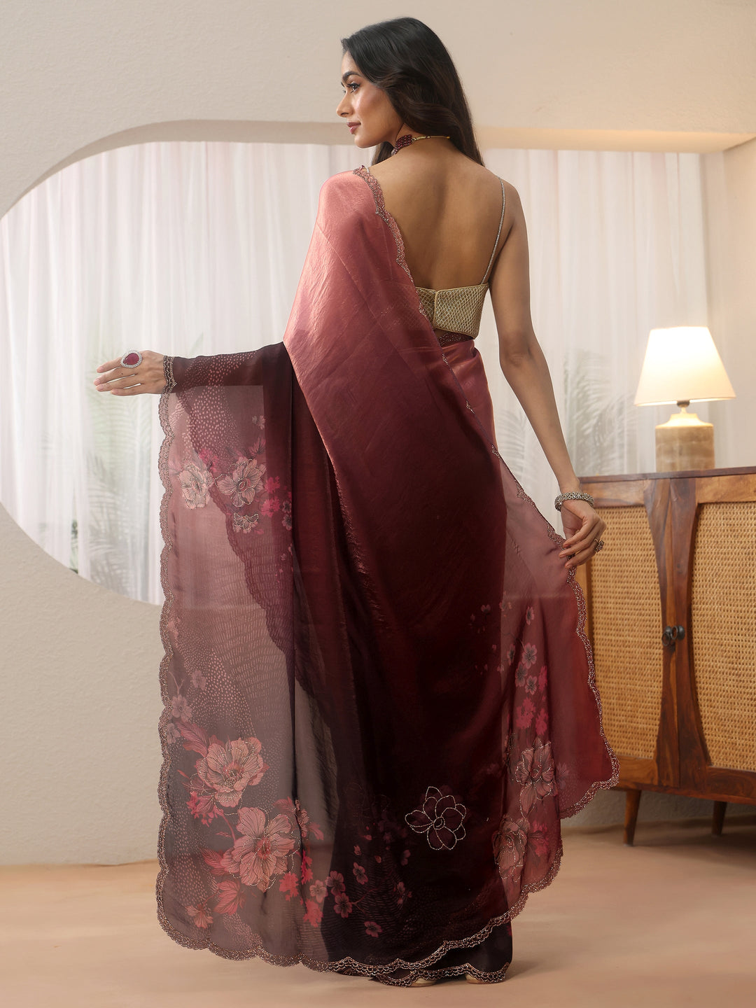  Ombre Purple and Wine Floral Silk Blend Saree 