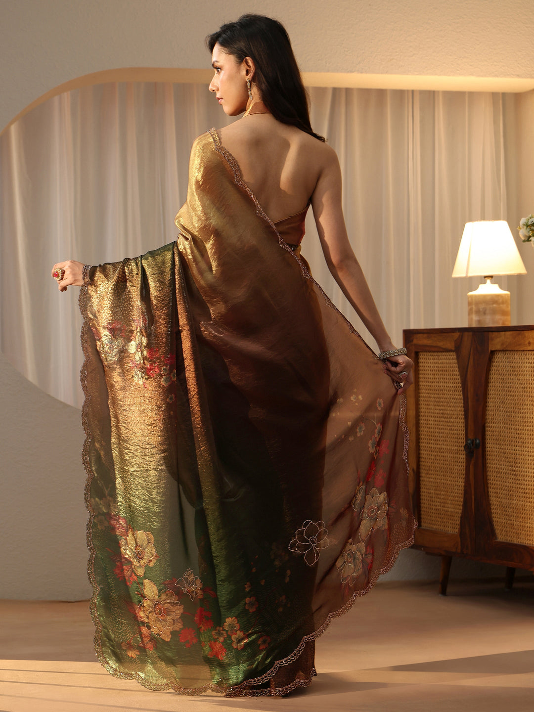  Ombre Beige and Green Floral Silk Blend Saree 