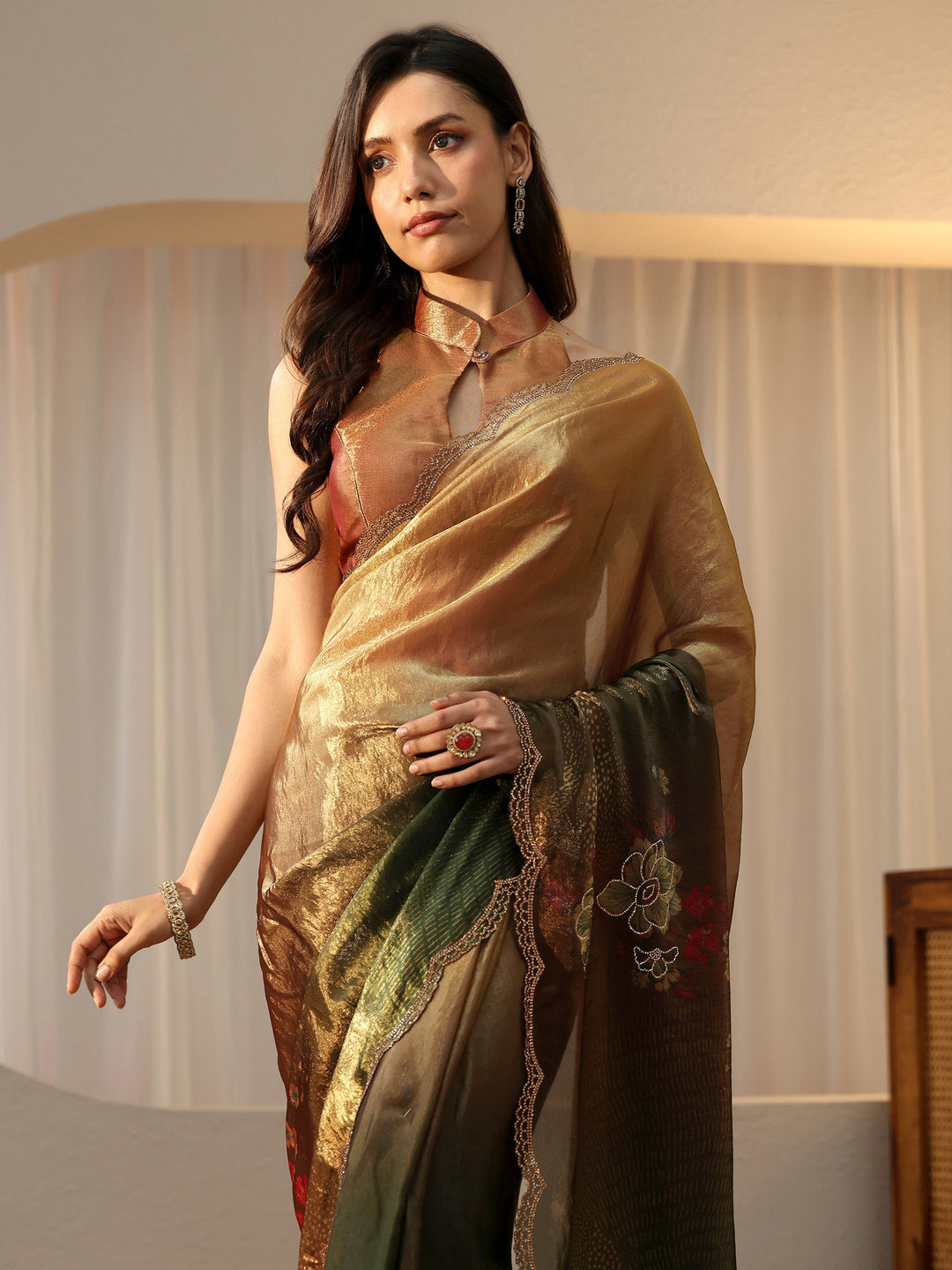  Ombre Beige and Green Floral Silk Blend Saree 