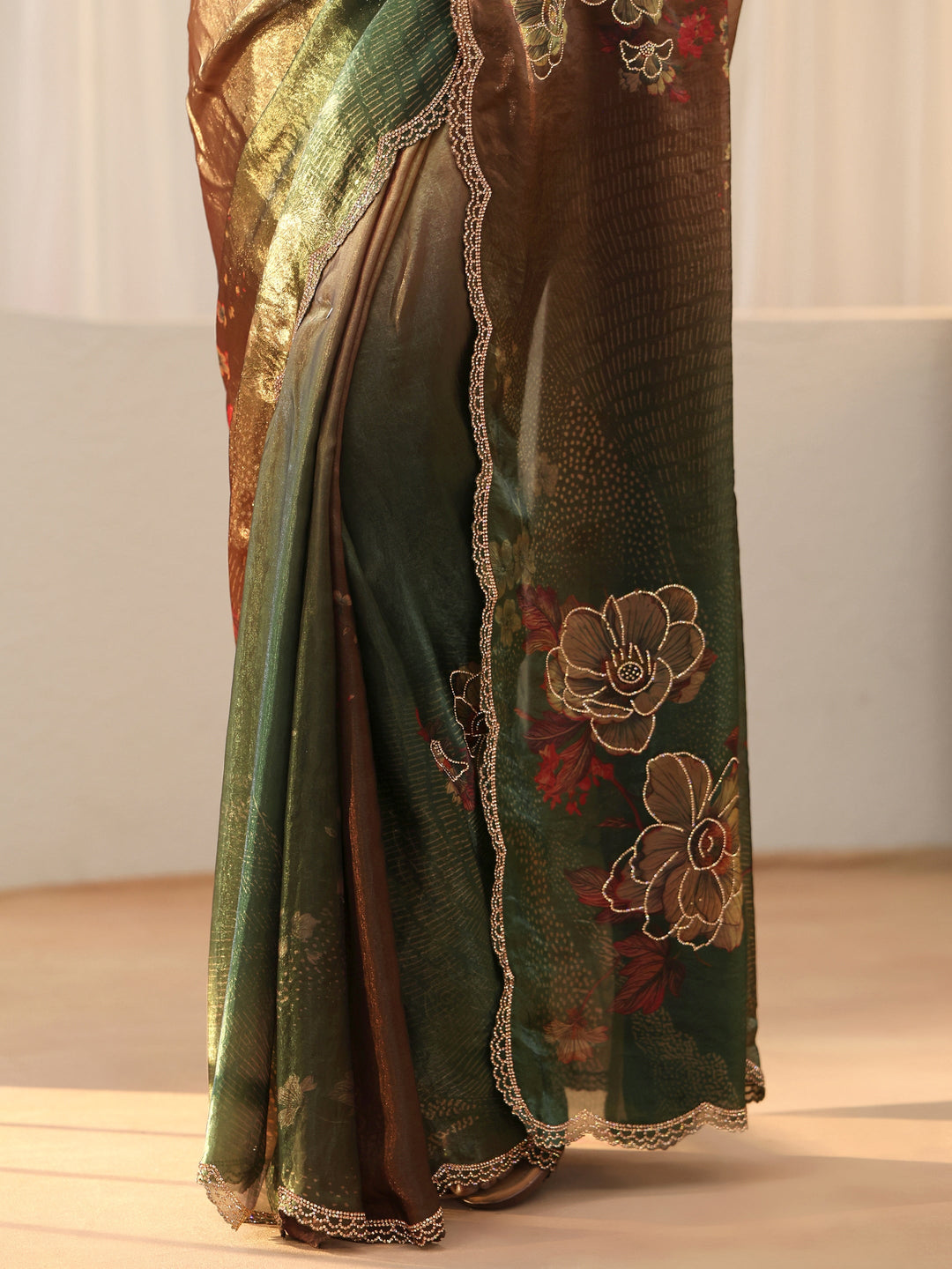  Ombre Beige and Green Floral Silk Blend Saree 