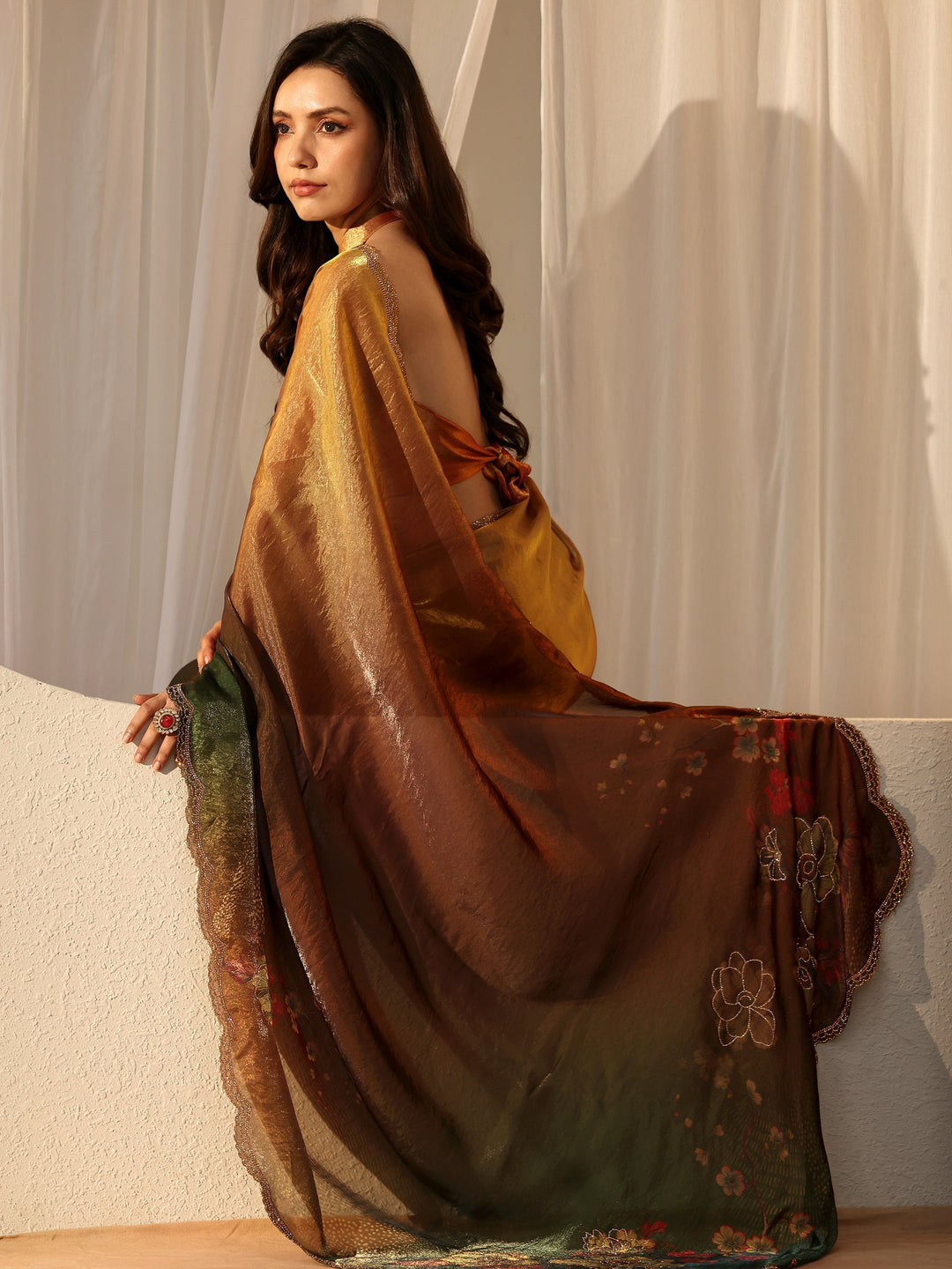  Ombre Beige and Green Floral Silk Blend Saree 