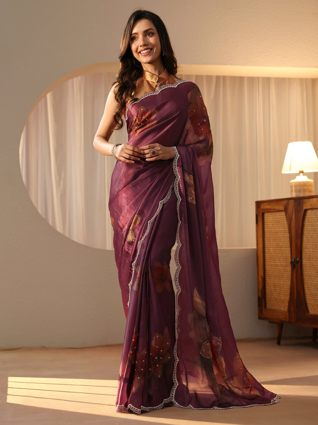  Mauve Floral Printed Silk Blend Saree 