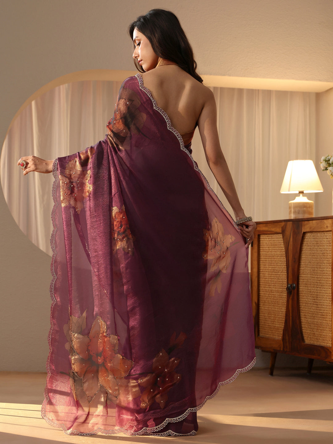  Mauve Floral Printed Silk Blend Saree 