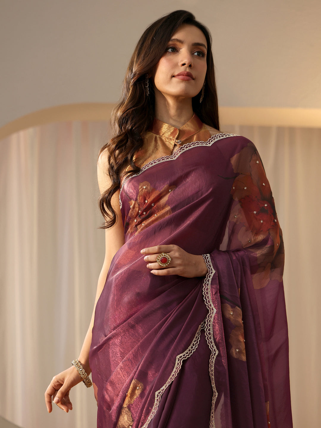  Mauve Floral Printed Silk Blend Saree 