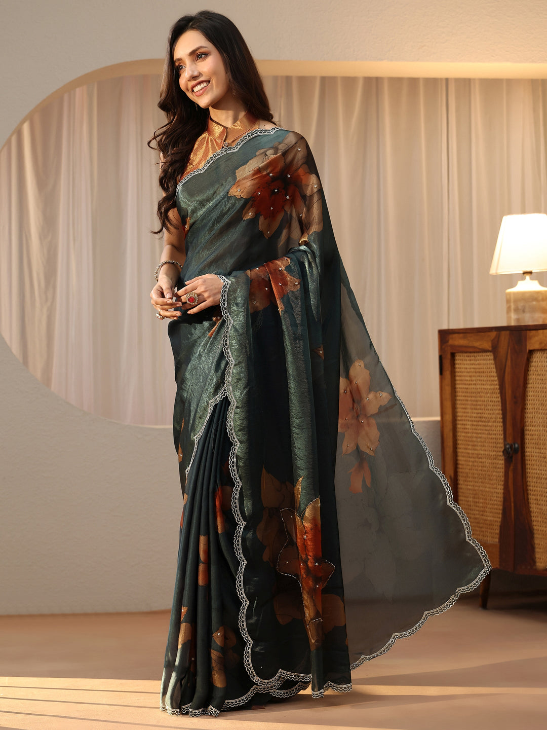  Dark Green Floral Printed Silk Blend Saree 