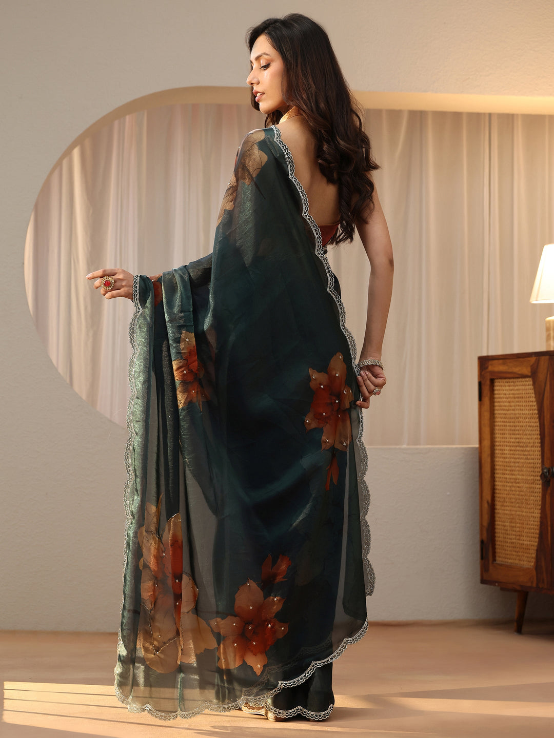  Dark Green Floral Printed Silk Blend Saree 