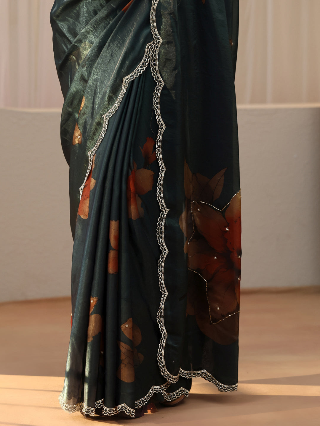  Dark Green Floral Printed Silk Blend Saree 