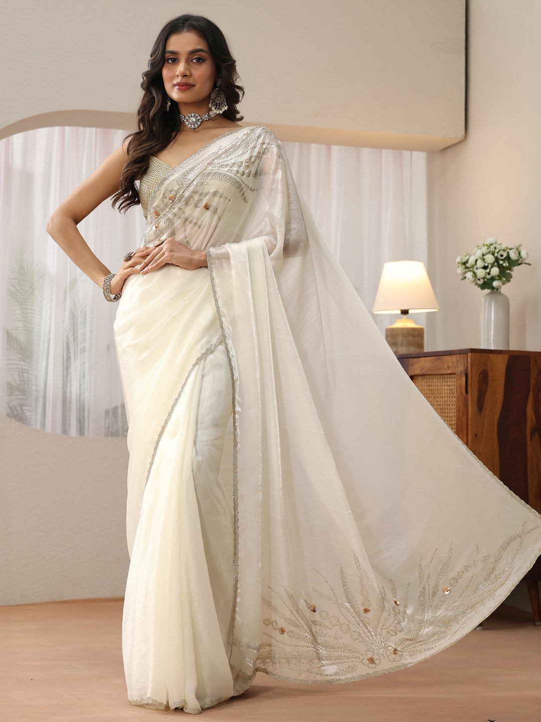  Ivory Embellished Silk Blend Saree 