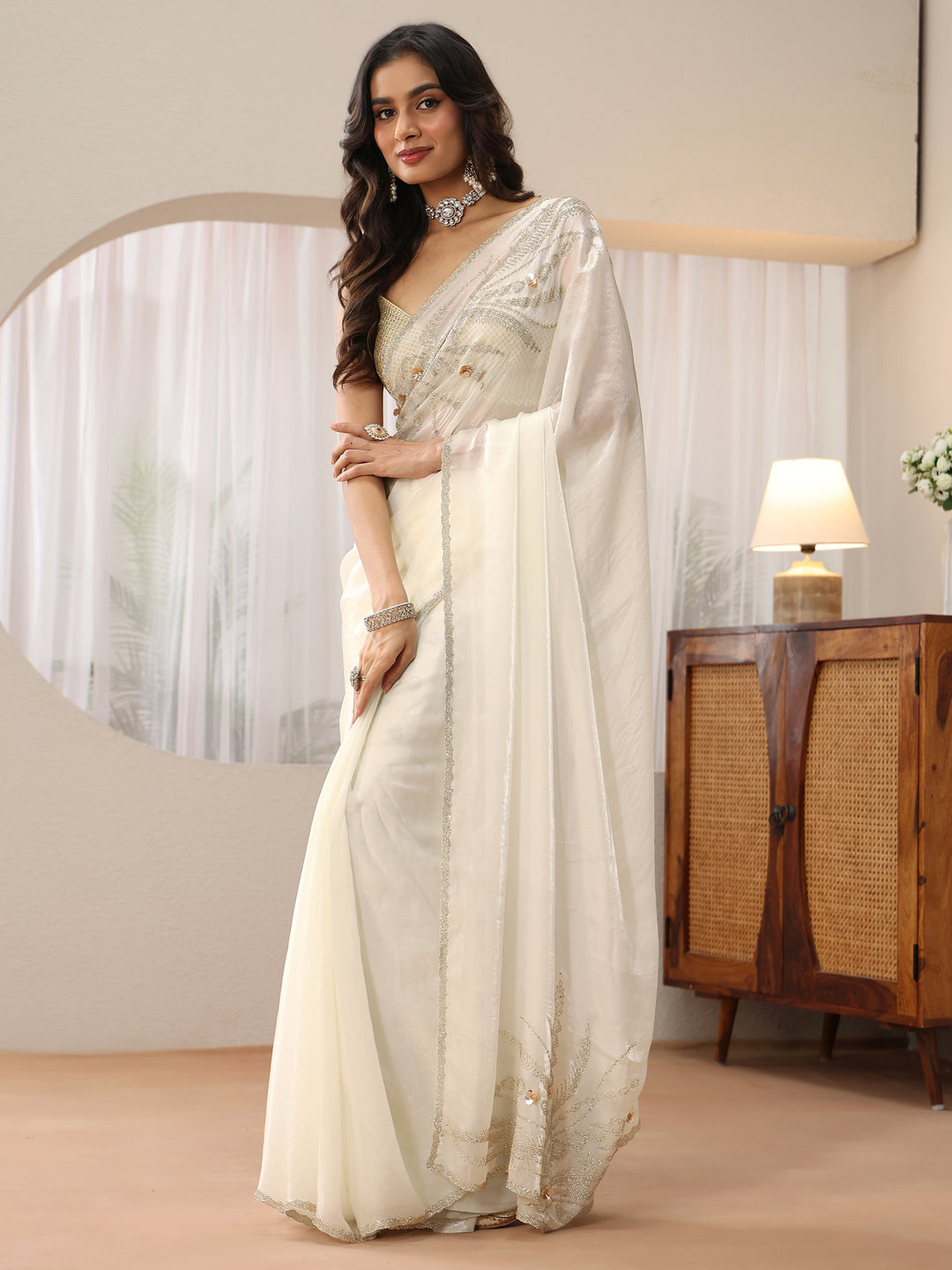  Ivory Embellished Silk Blend Saree 