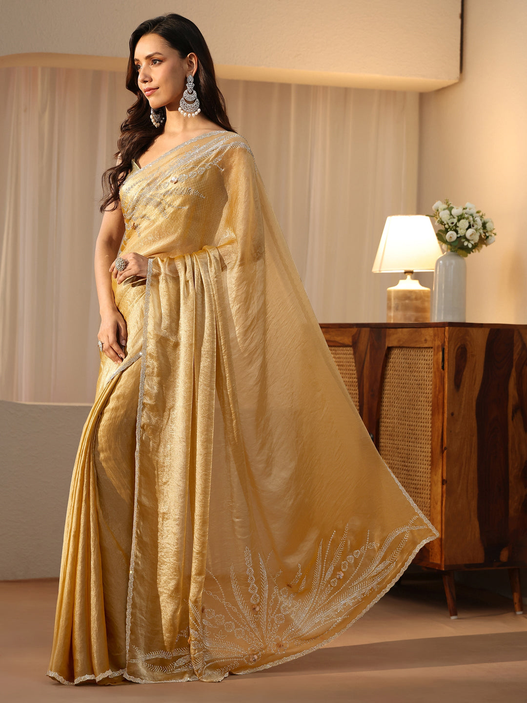  Gold Yellow Floral Embellished Silk Blend Saree 