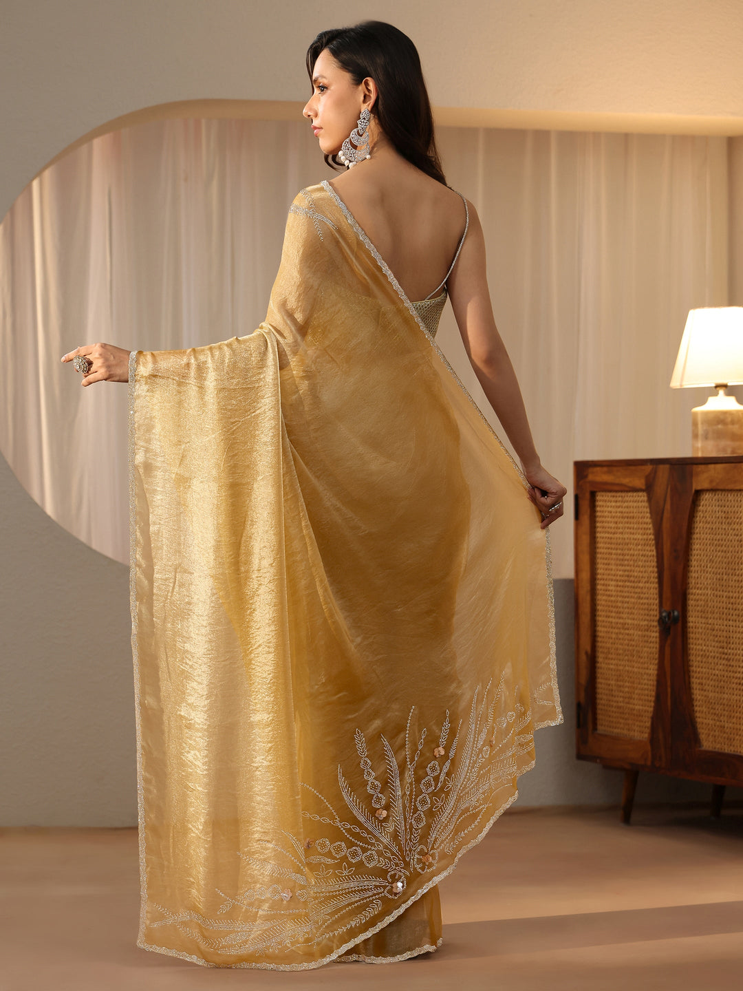  Gold Yellow Floral Embellished Silk Blend Saree 