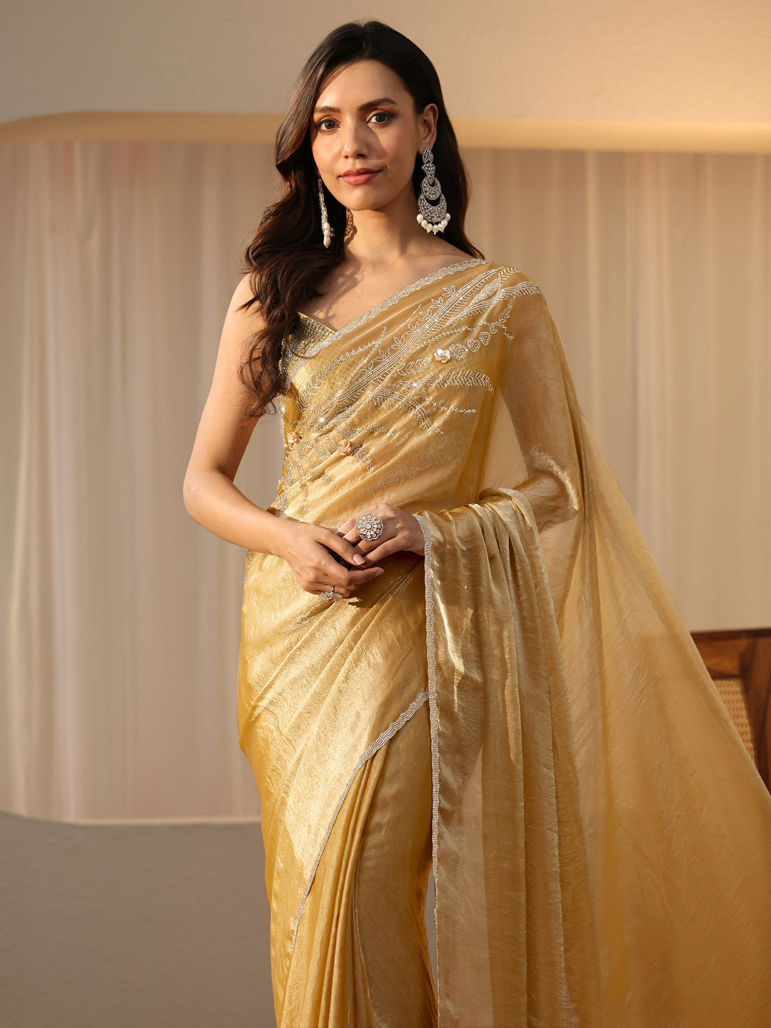  Gold Yellow Floral Embellished Silk Blend Saree 