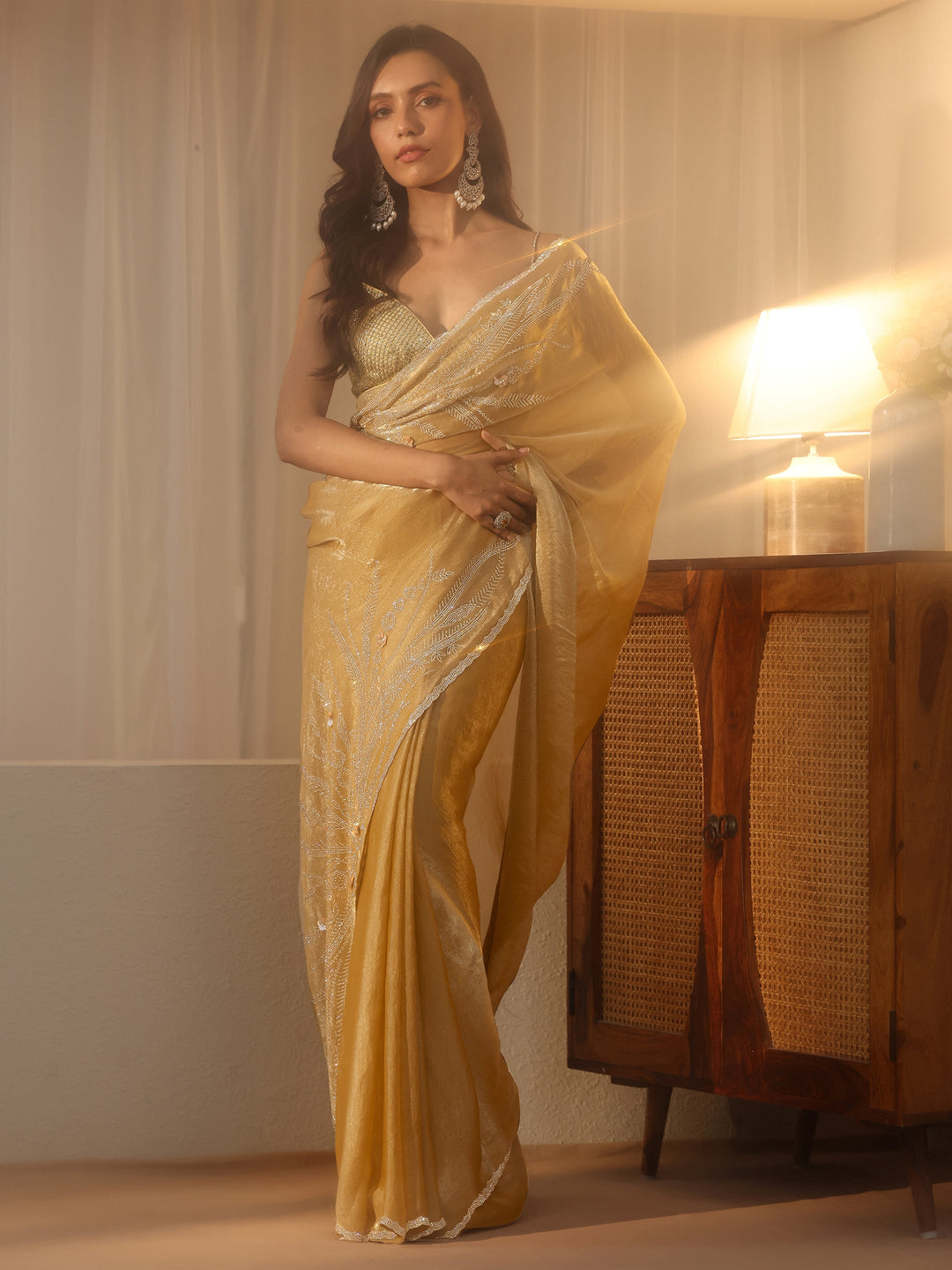  Gold Yellow Floral Embellished Silk Blend Saree 