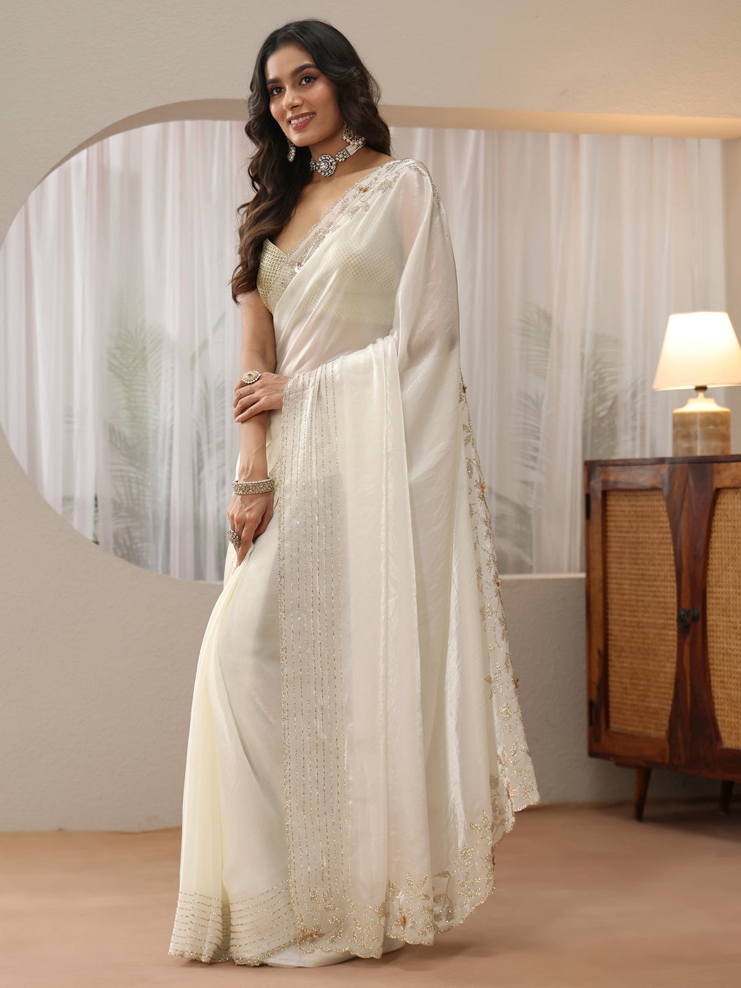  Cream Silk Blend Saree with Embellished Border 