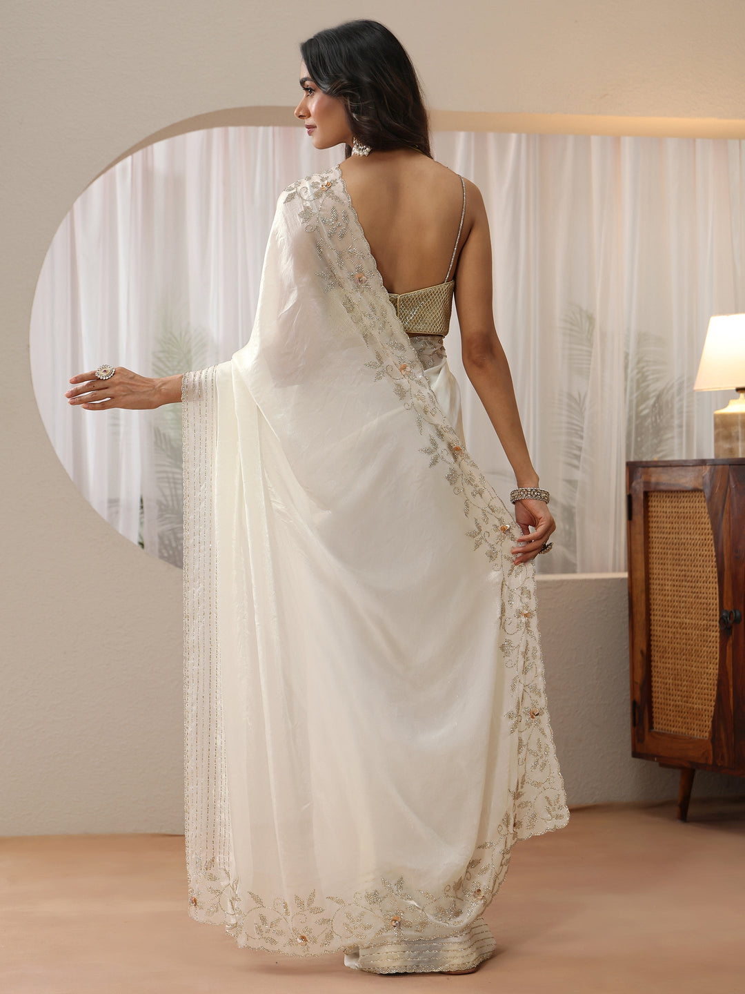  Cream Silk Blend Saree with Embellished Border 