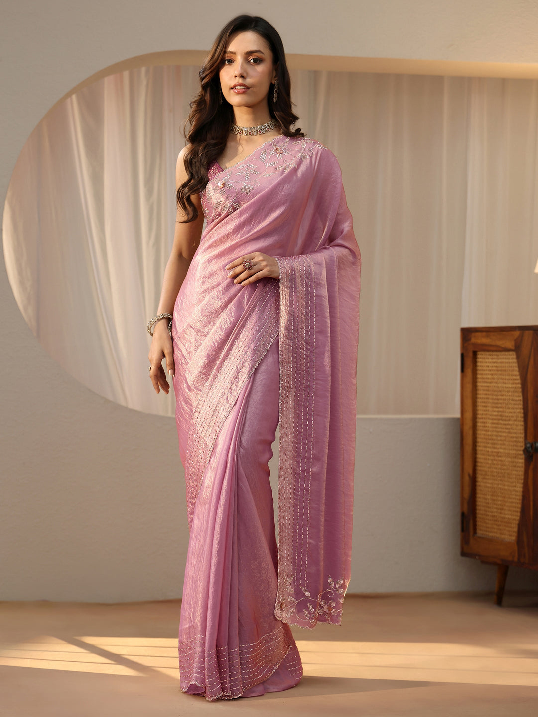  Lavender Silk Blend Saree with Embellished Border 