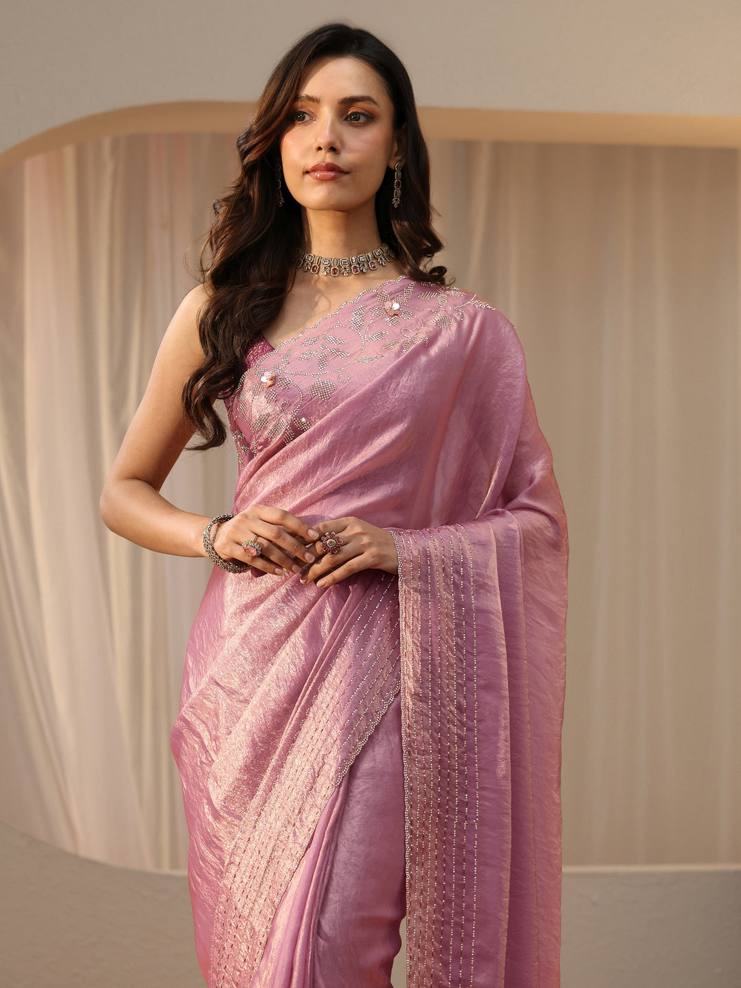  Lavender Silk Blend Saree with Embellished Border 