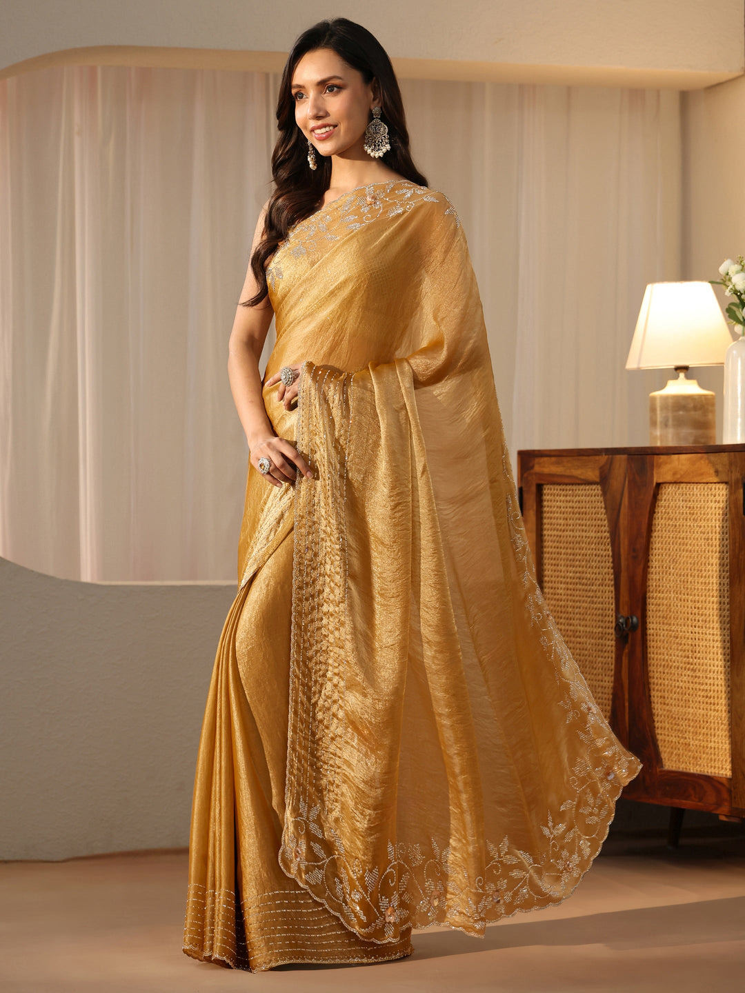  Gold Silk Blend Saree with Embellished Border 